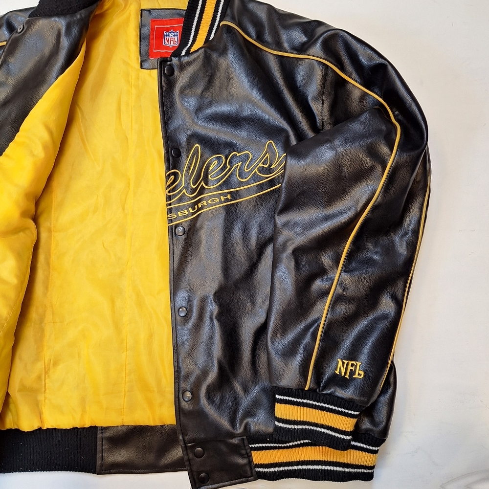 NFL Pittsburgh Steelers Black Faux Leather Jacket with gold detail - Picture 7 of 9